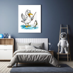 Poster: Seagull Fishing with Rod in Shallow Water