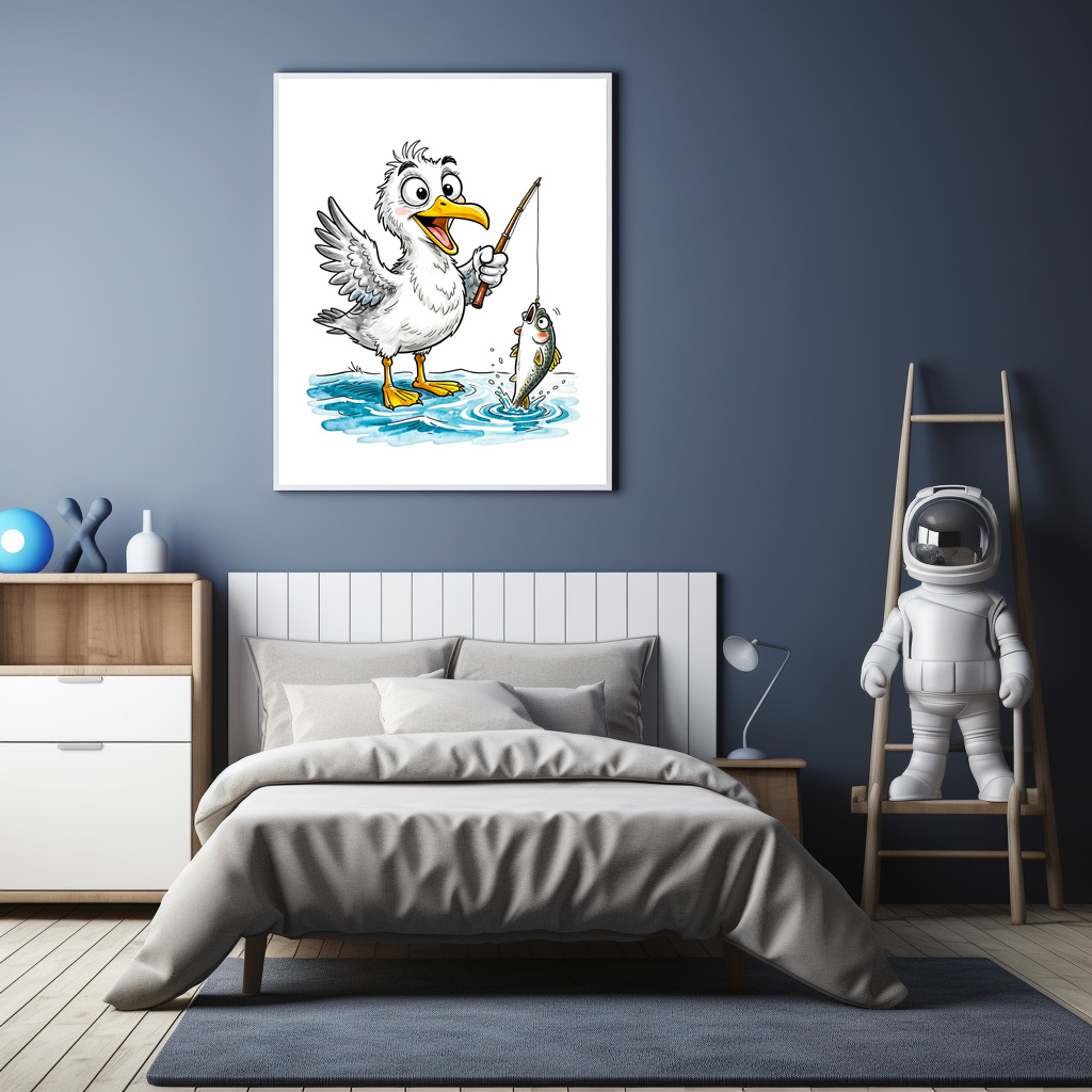 Poster: Seagull Fishing with Rod in Shallow Water