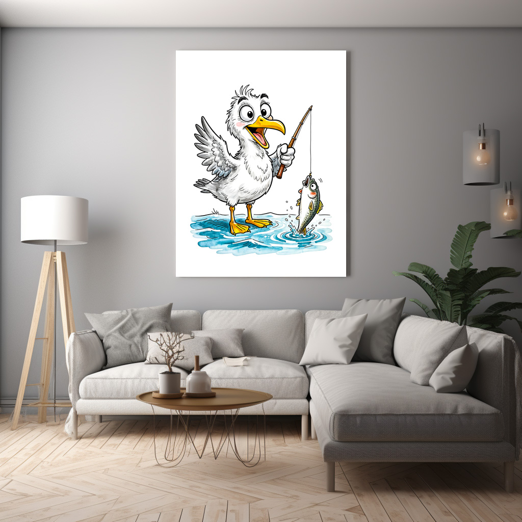 Poster: Seagull Fishing with Rod in Shallow Water – Image 2