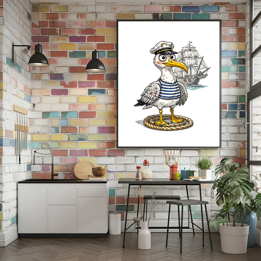 Poster: Seagull Sailor with Rope and Ship Background