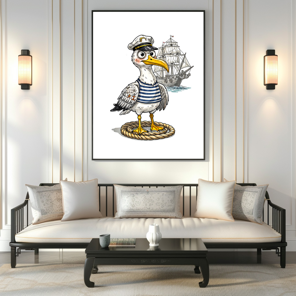 Poster: Seagull Sailor with Rope and Ship Background - Image 2