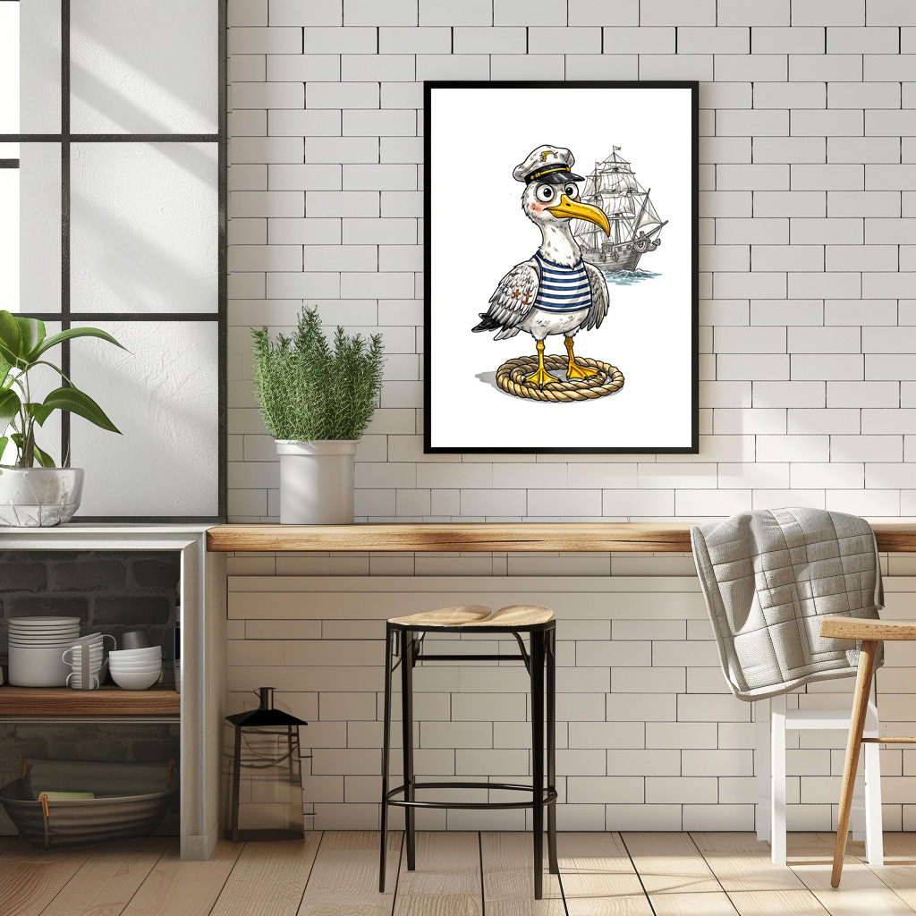 Poster: Seagull Sailor with Rope and Ship Background - Image 3
