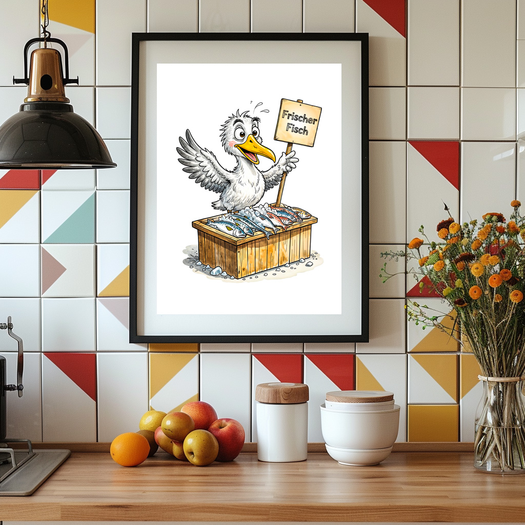 Poster: Seagull at Fresh Fish Stand on the Coast