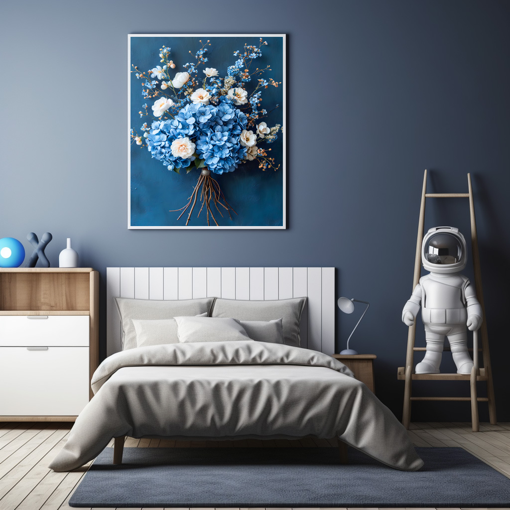 Poster: Blue Hydrangea and White Rose Bouquet Still Life - Image 2