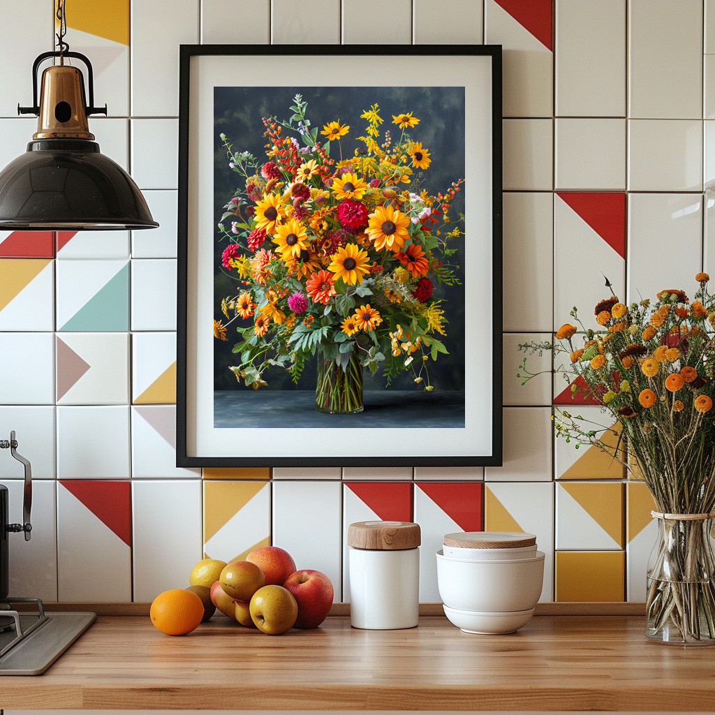 Poster: Summer Still Life with Sunflowers and Zinnias