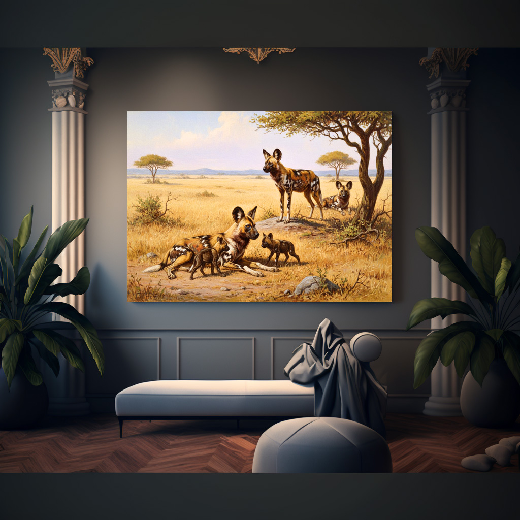 Poster: Wildhunde in Afrika mit Jungtieren