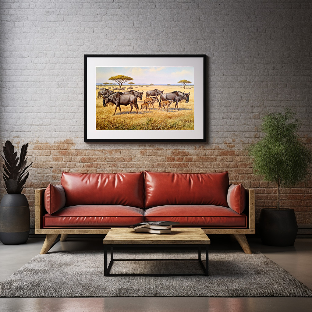 Poster: Eine Herde Gnus in Afrika mit Jungtieren