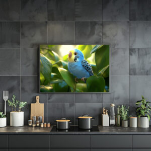 Poster: Blauer Wellensittich in Pflanzen