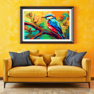 Poster: Farbenfroher Singvogel auf einem Ast
