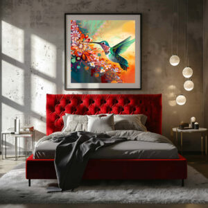 Poster: Farbenfroher Kolibri an Blüten