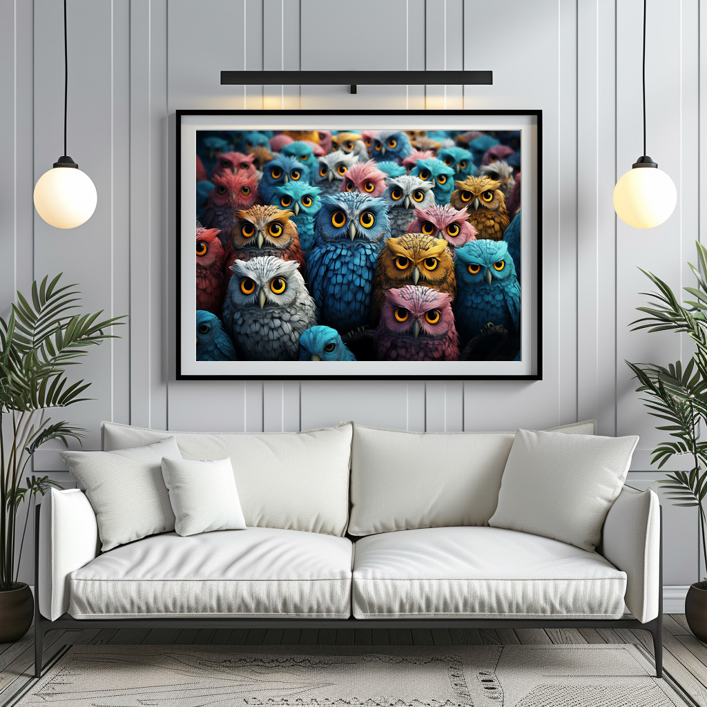 Poster: Gruppenbild mit farbenfrohen Eulen – Bild 2