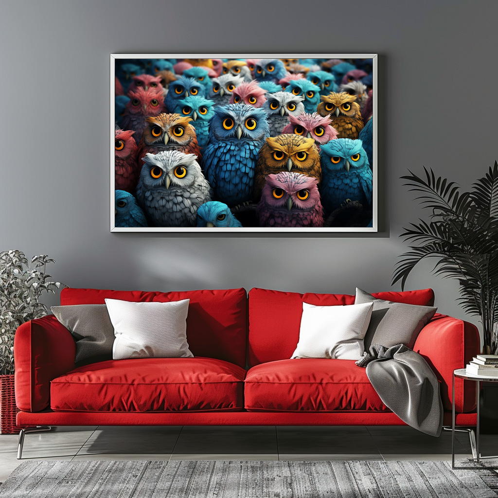Poster: Gruppenbild mit farbenfrohen Eulen – Bild 3