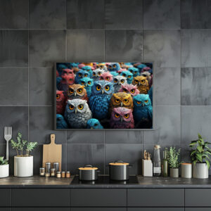Poster: Gruppenbild mit farbenfrohen Eulen