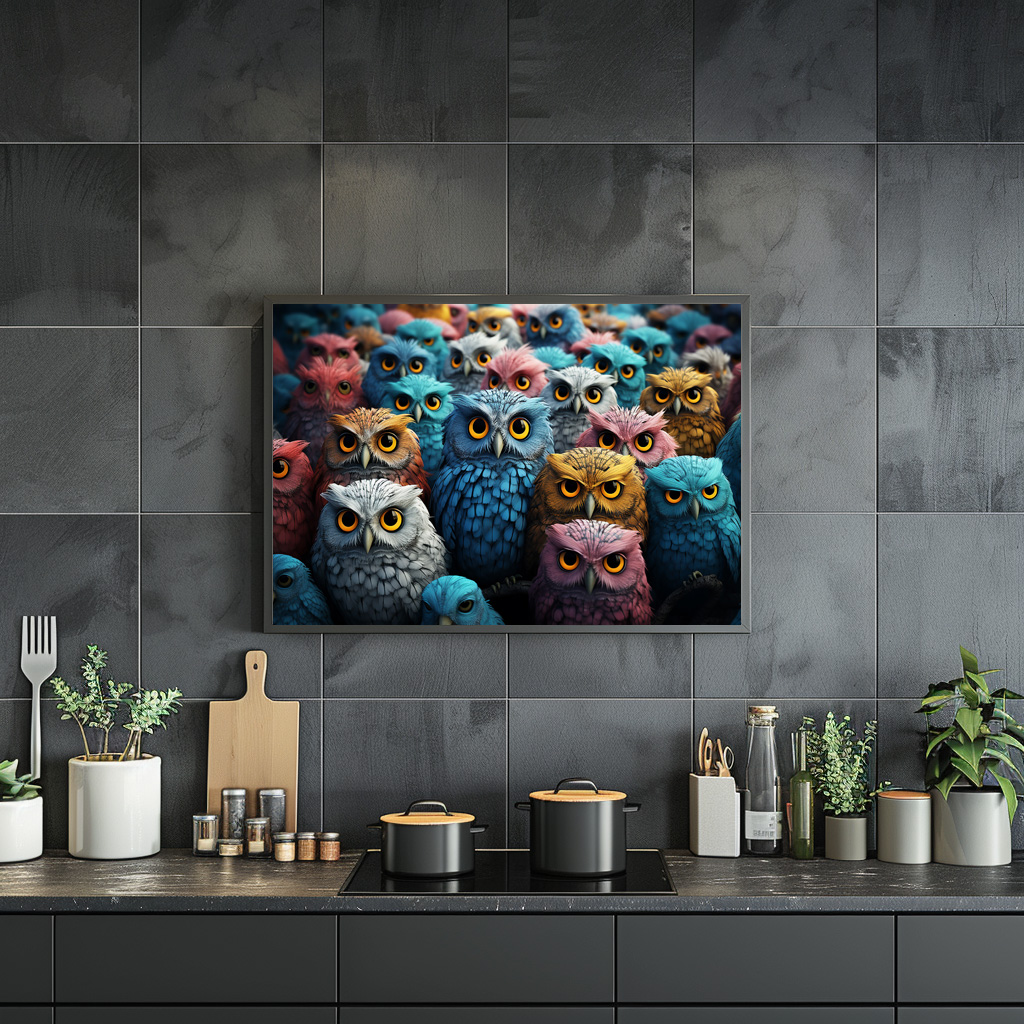 Poster: Gruppenbild mit farbenfrohen Eulen