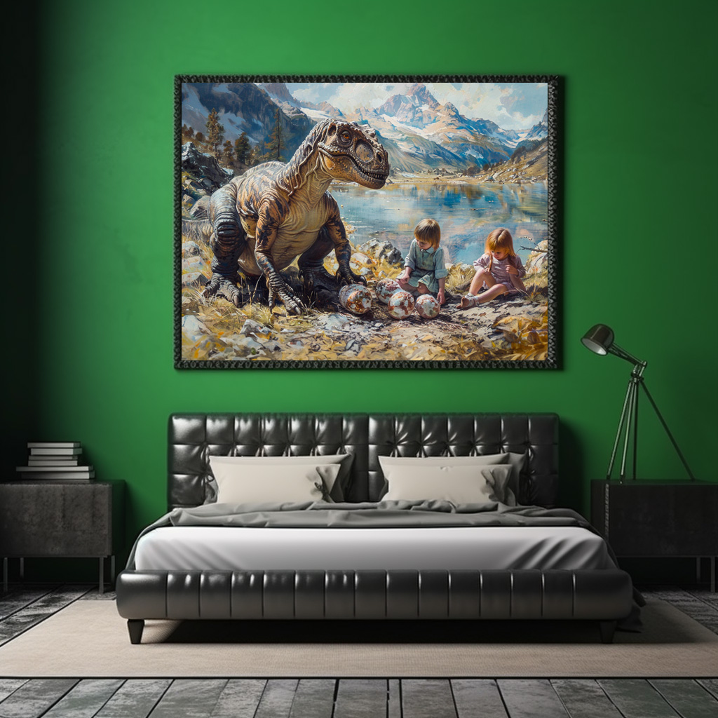 Poster: Dinosaurier mit Kindern und seinem Gelege