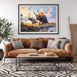 Poster: Triceratops Dinosaurier mit Menschen unterwegs