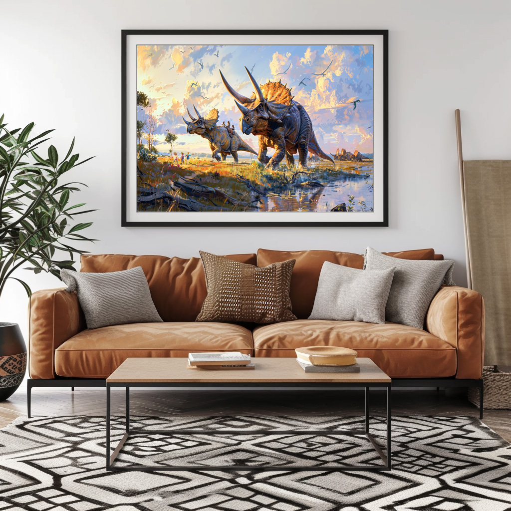 Poster: Triceratops Dinosaurier mit Menschen unterwegs