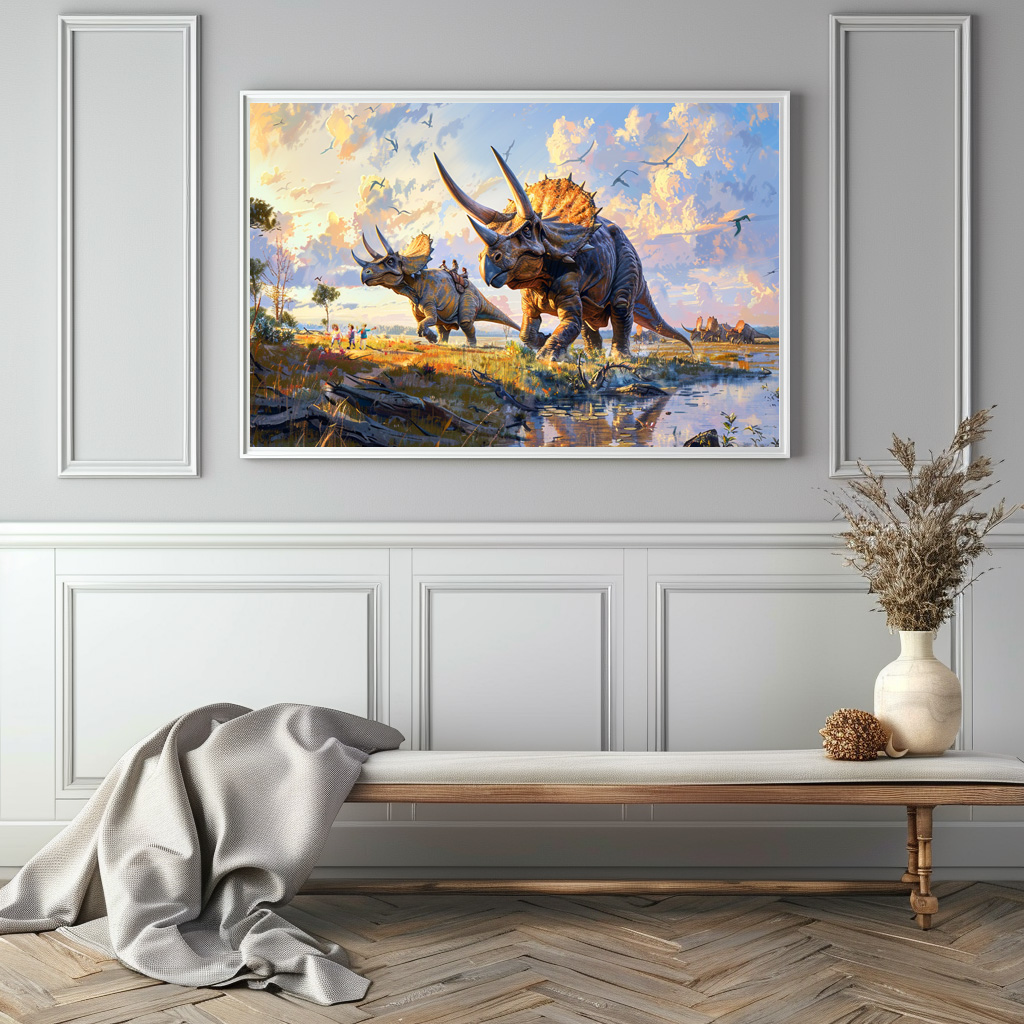 Poster: Triceratops Dinosaurier mit Menschen unterwegs – Image 2