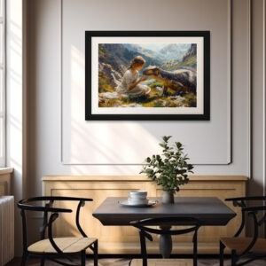 Poster: Mädchen und liebevoller Dinosaurier