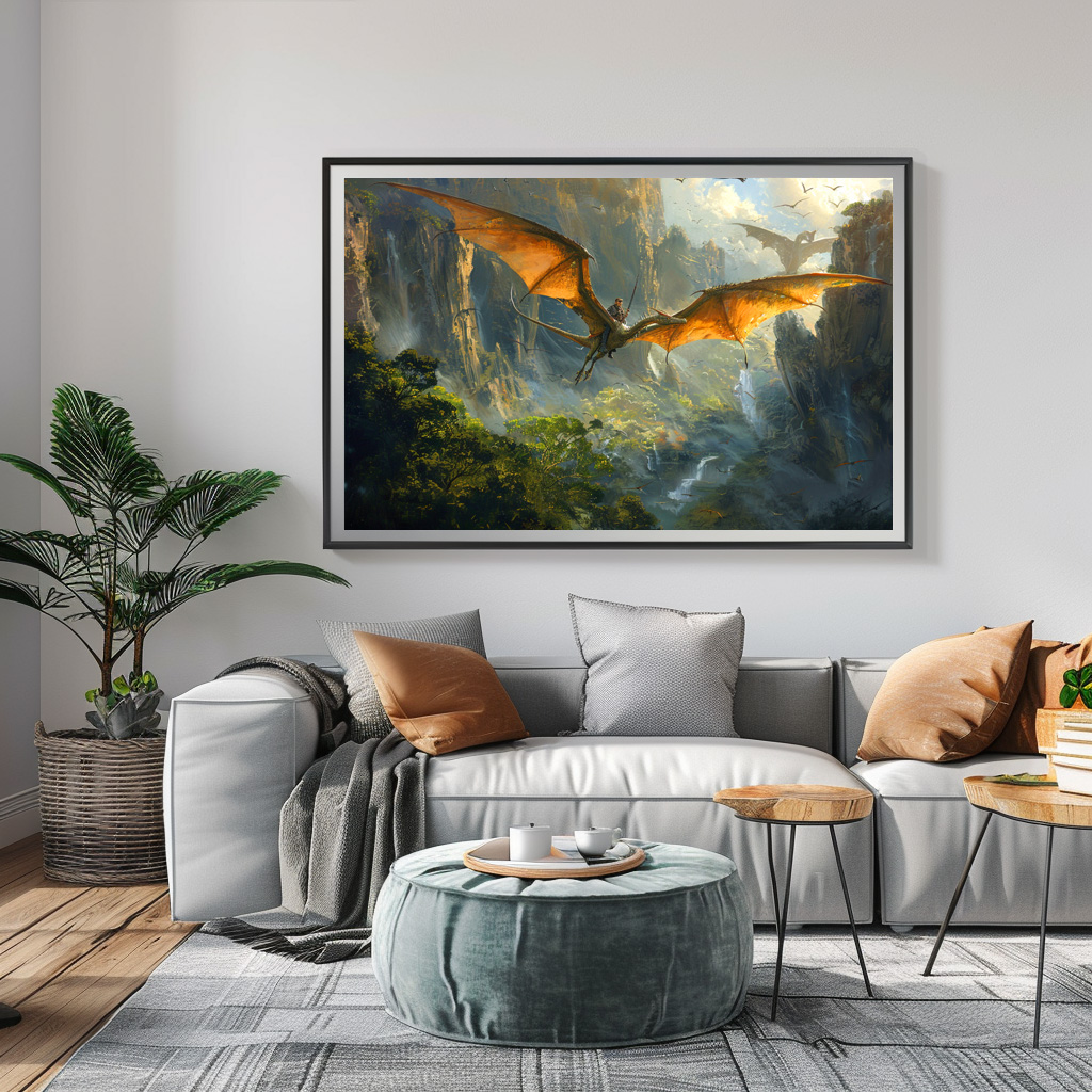 Poster: Auf dem Dinosaurier Pteranodon unterwegs im Flug