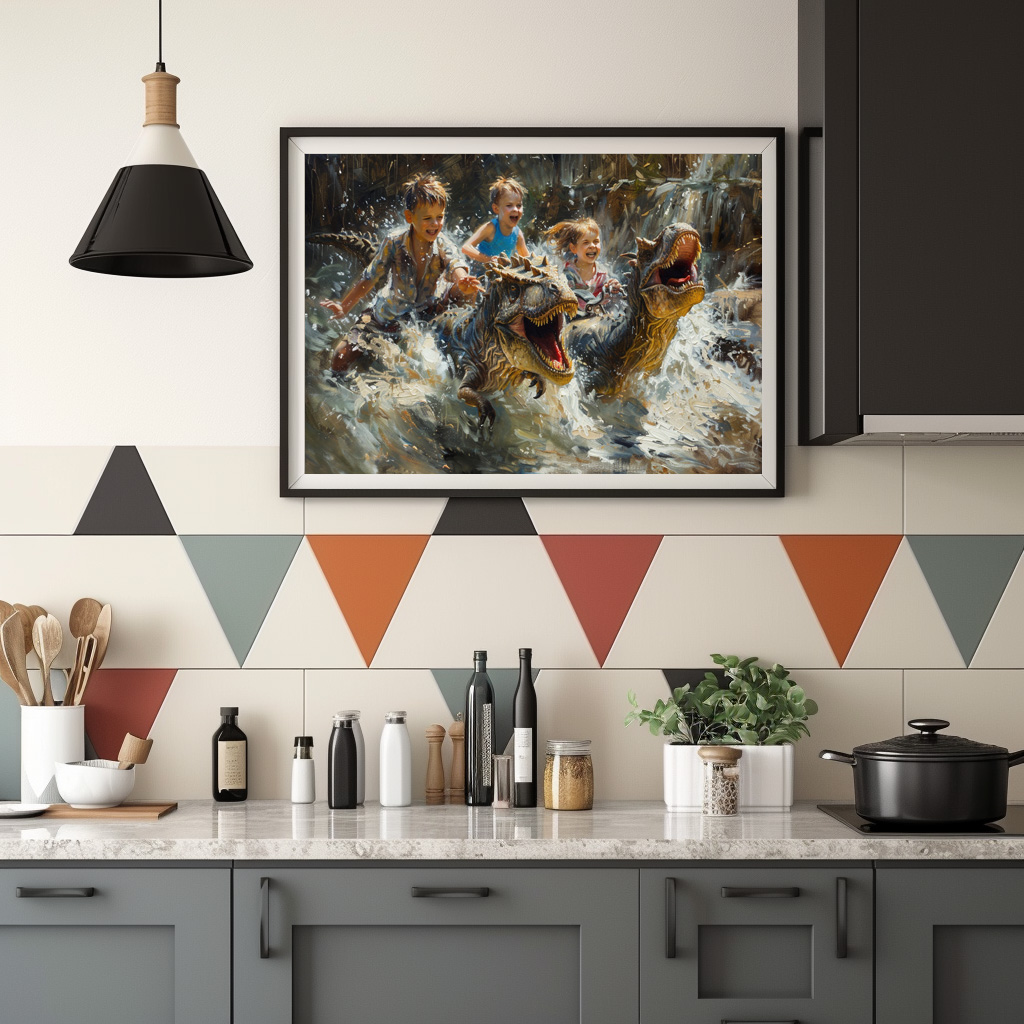 Poster: Kinder und Dinosaurier spielen im Wasser