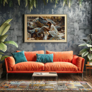 Poster: Mädchen mit Dinosaurier Jungtier und Mutter