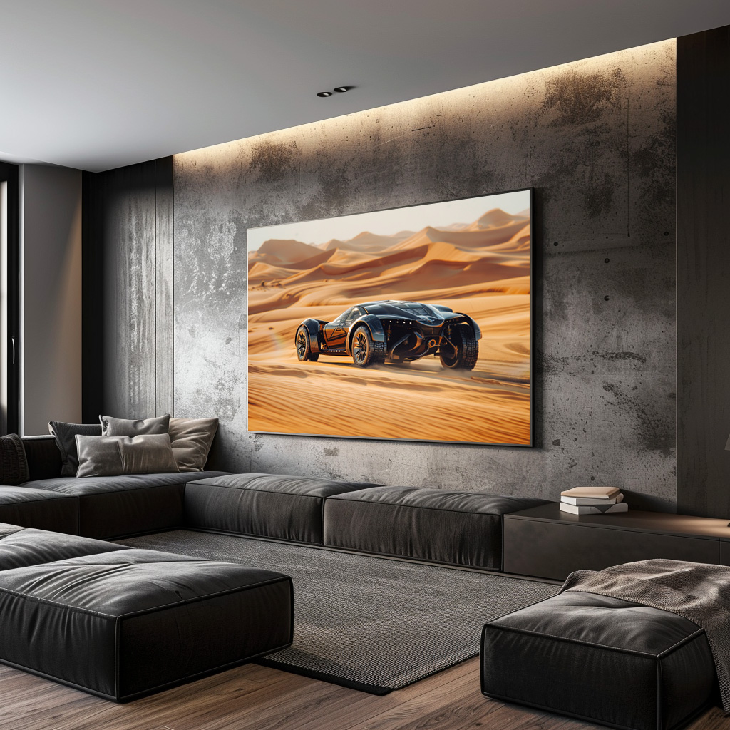 Poster: Futuristisches Fahrzeug in der Wüste