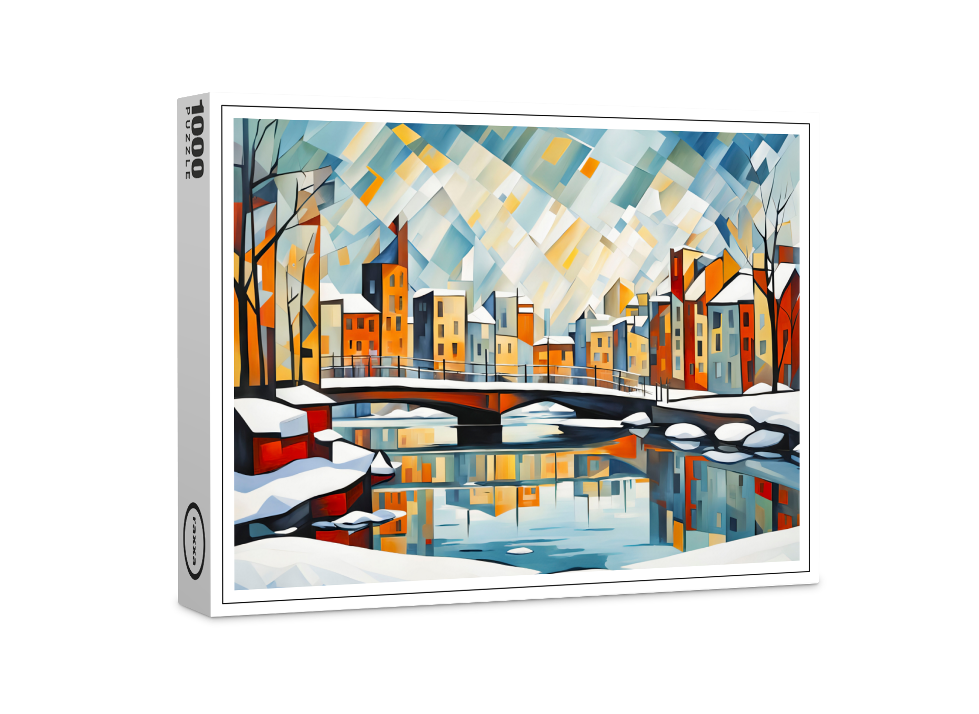 raxxa Premium-Puzzle: Cubist Snowy Bridge Over Reflected City
