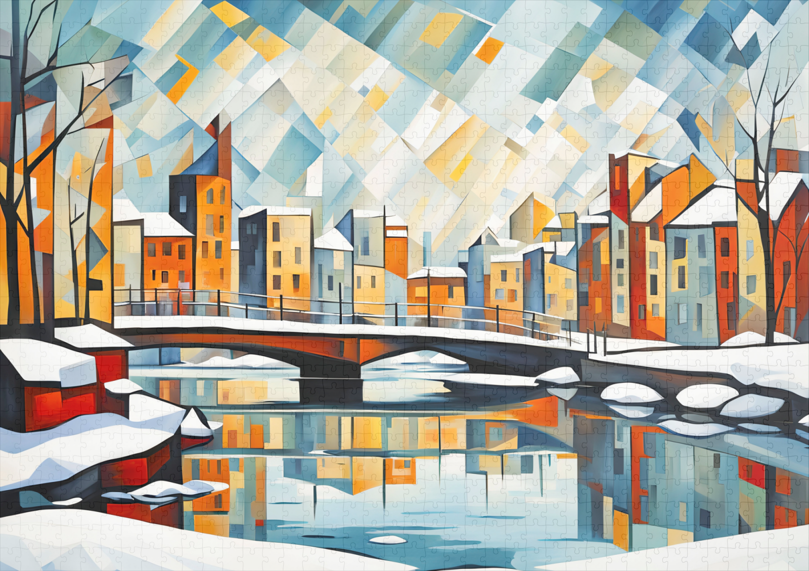 raxxa Premium-Puzzle: Cubist Snowy Bridge Over Reflected City – Image 2