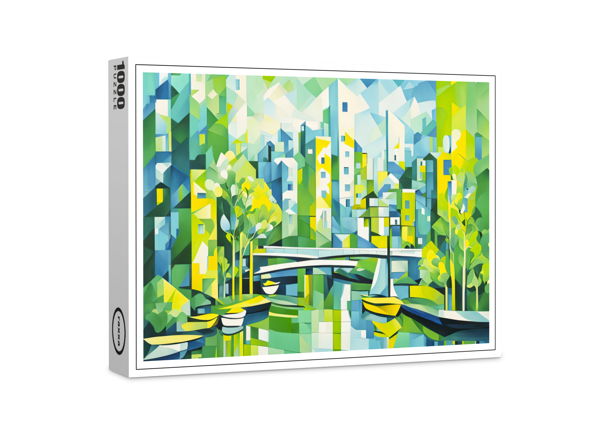 raxxa Premium-Puzzle: Cubist Green City with Bridge