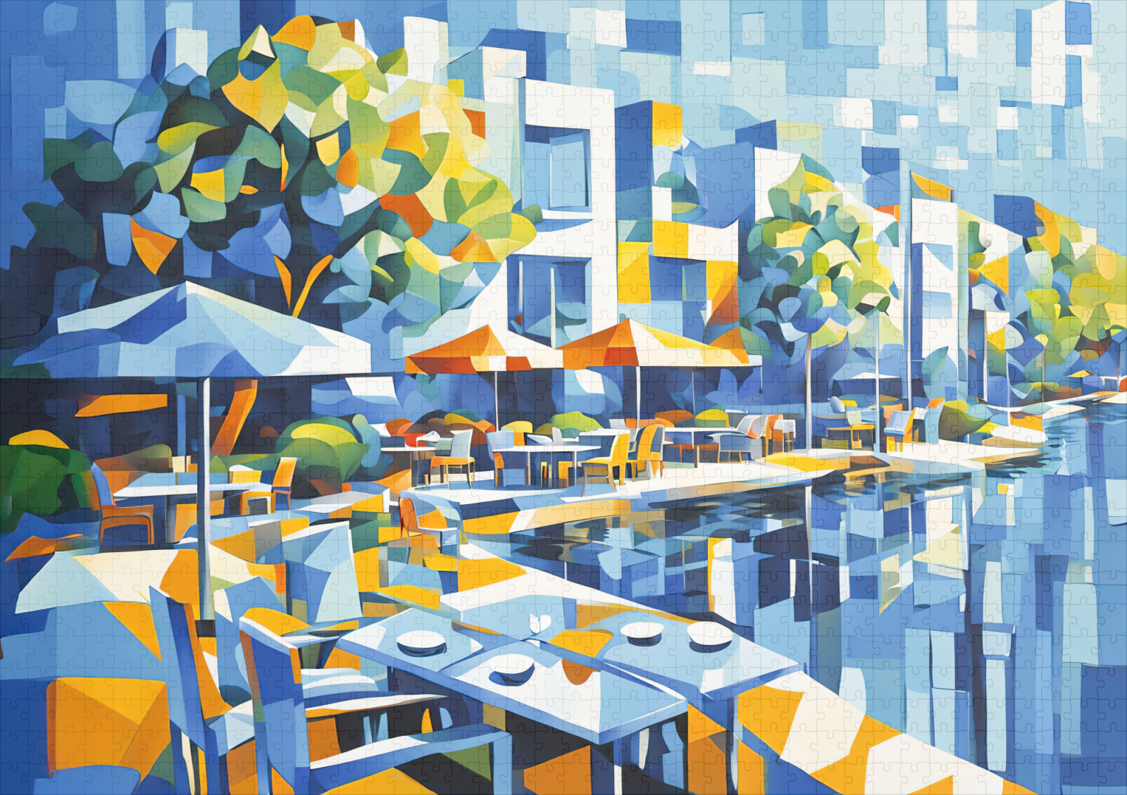 raxxa Premium-Puzzle: Cubist Autumn Bridge in Cityscape – Image 2