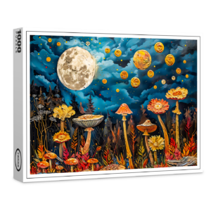 raxxa Premium-Puzzle: Abstract watercolor illustration of full moon over meadow with mushrooms