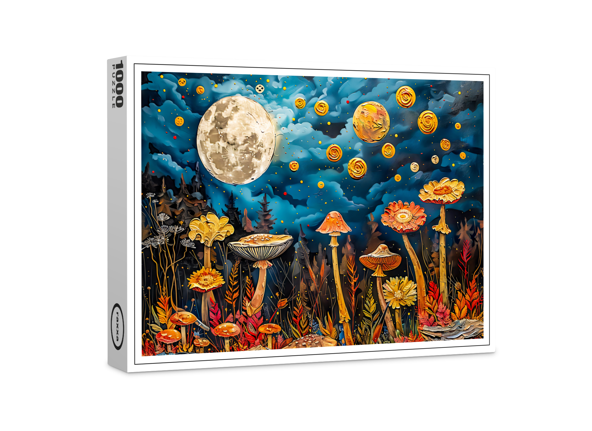 raxxa Premium-Puzzle: Abstract watercolor illustration of full moon over meadow with mushrooms
