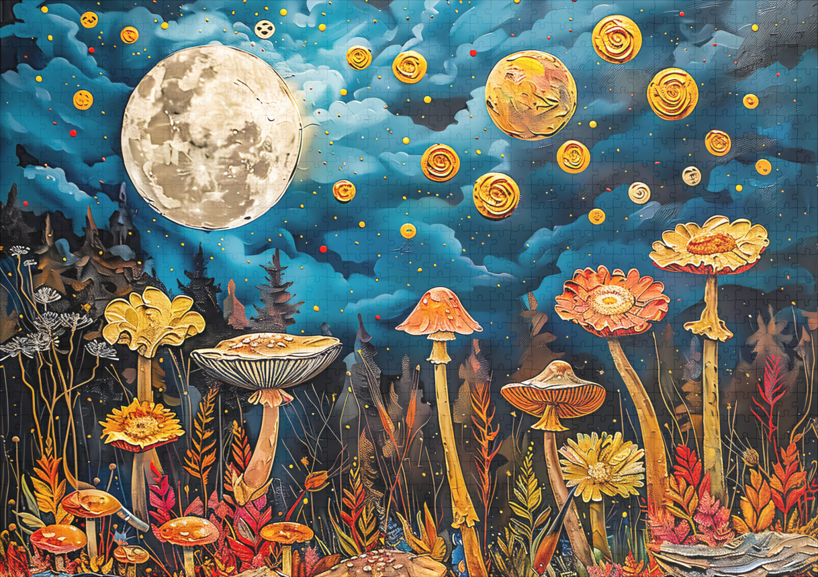 raxxa Premium-Puzzle: Abstract watercolor illustration of full moon over meadow with mushrooms – Bild 2