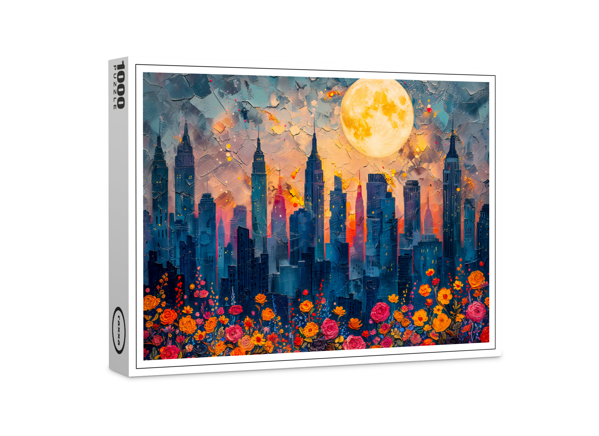 raxxa Premium-Puzzle: Abstract watercolor illustration of full moon over city skyline