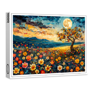 raxxa Premium-Puzzle: Abstract watercolor illustration of full moon over wildflower meadow