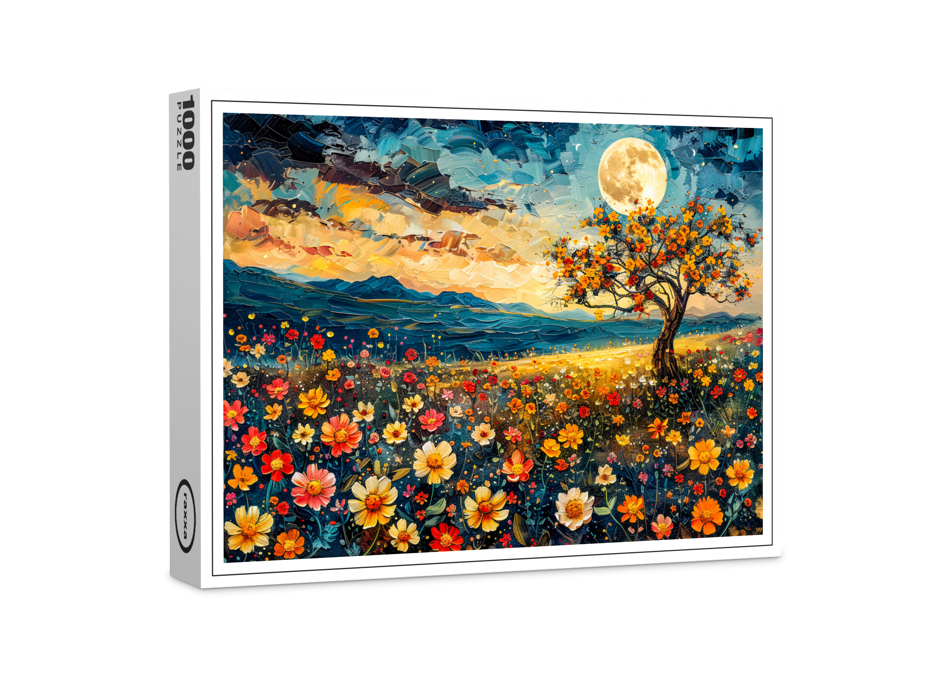 raxxa Premium-Puzzle: Abstract watercolor illustration of full moon over wildflower meadow