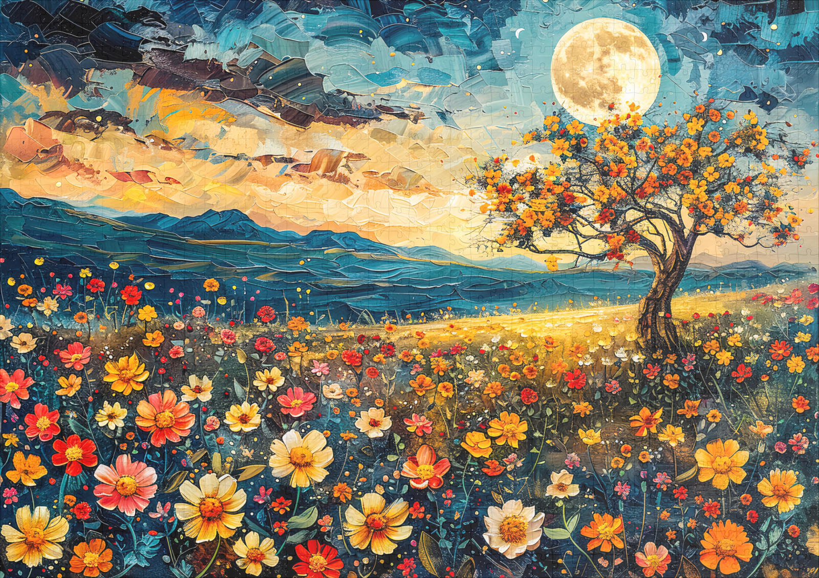 raxxa Premium-Puzzle: Abstract watercolor illustration of full moon over wildflower meadow – Image 2