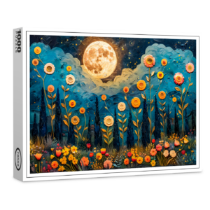 raxxa Premium-Puzzle: Abstract watercolor illustration of full moon and clouds over forest with glowing flowers