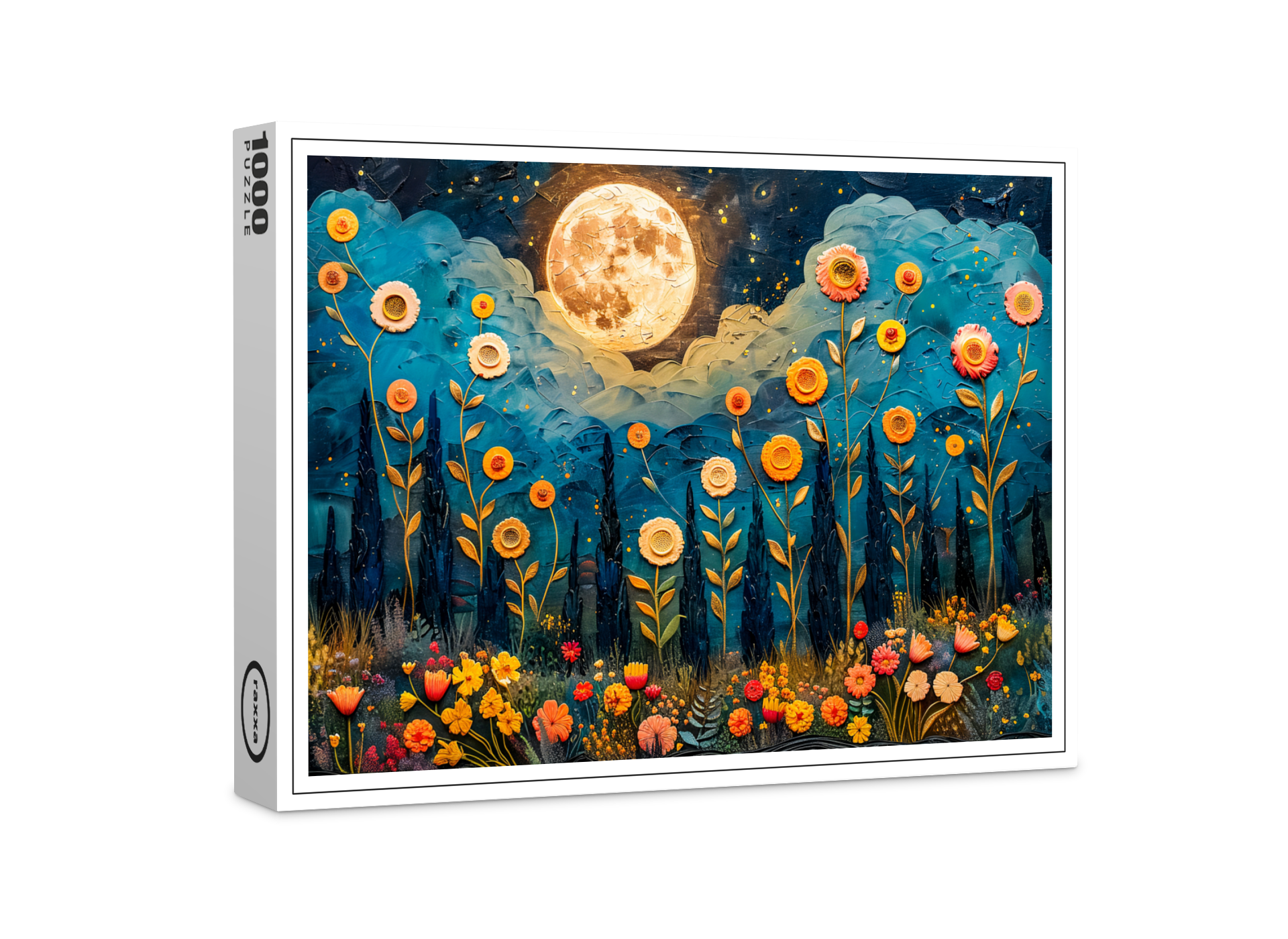 raxxa Premium-Puzzle: Abstract watercolor illustration of full moon and clouds over forest with glowing flowers