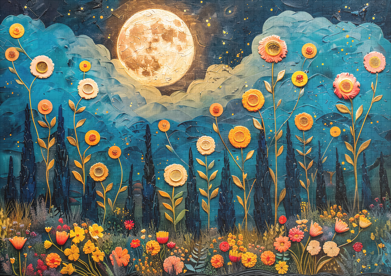 raxxa Premium-Puzzle: Abstract watercolor illustration of full moon and clouds over forest with glowing flowers – Bild 2