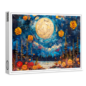 raxxa Premium-Puzzle: Abstract watercolor illustration of full moon over forest and lake