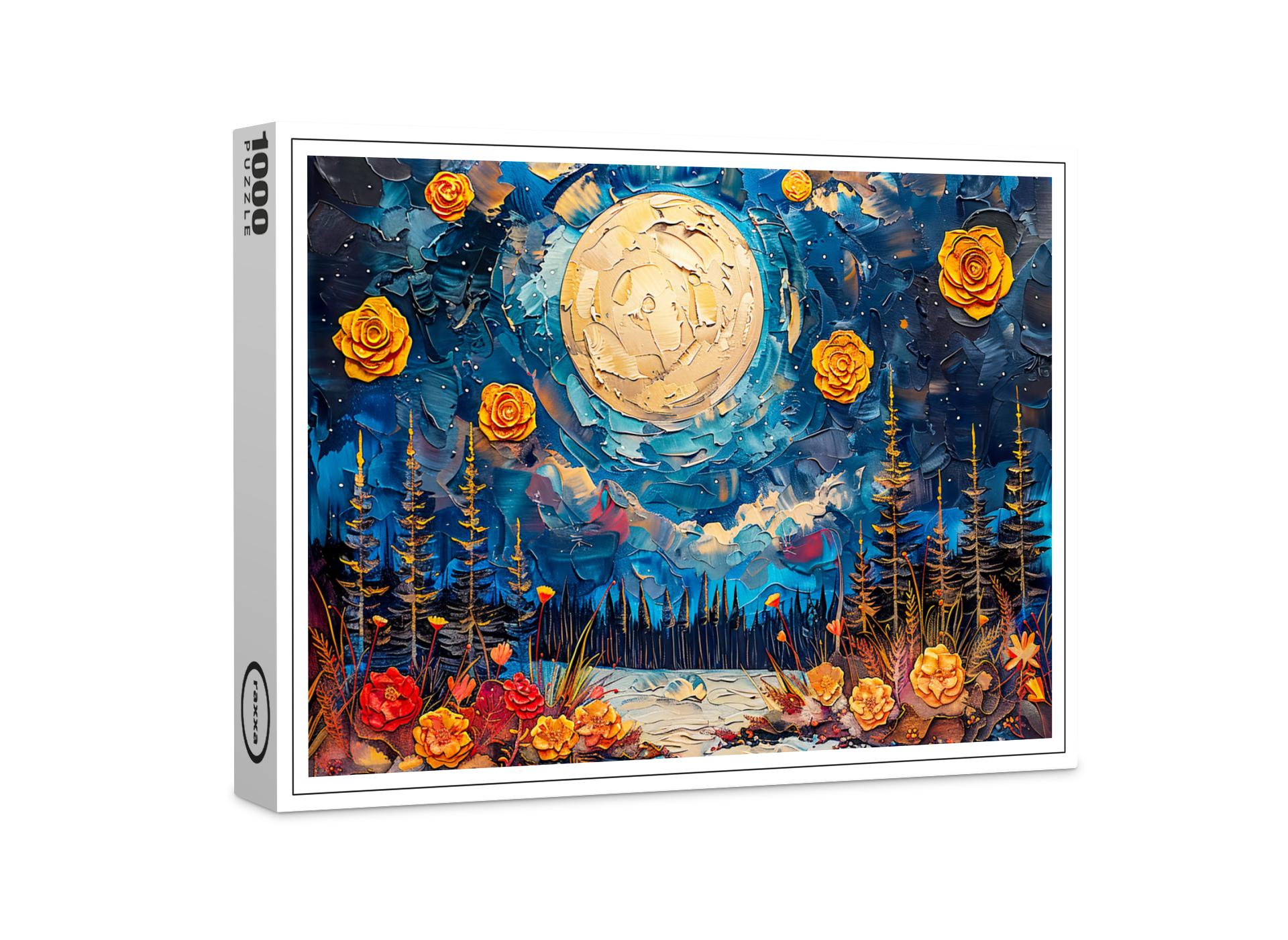 raxxa Premium-Puzzle: Abstract watercolor illustration of full moon over forest and lake