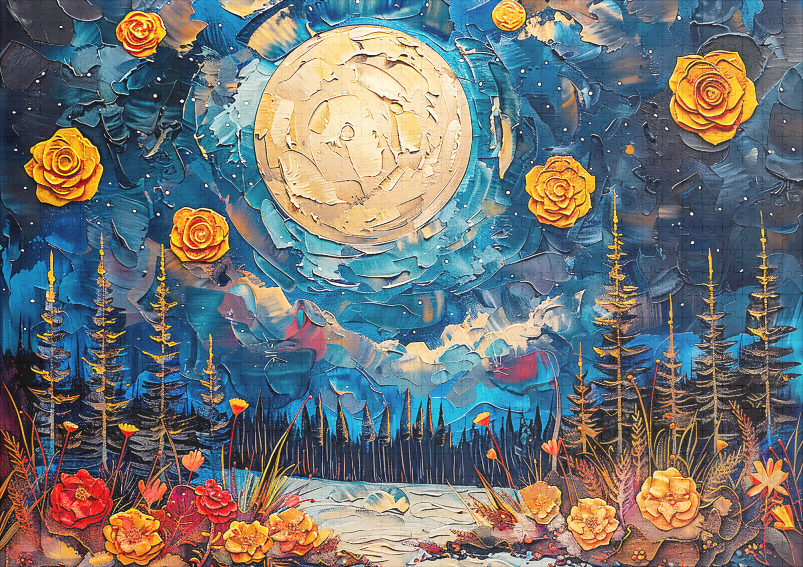 raxxa Premium-Puzzle: Abstract watercolor illustration of full moon over forest and lake – Bild 2