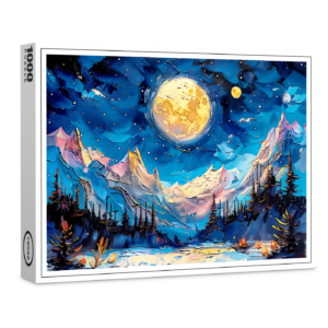 raxxa Premium-Puzzle: Abstract watercolor illustration of full moon over snowy mountains