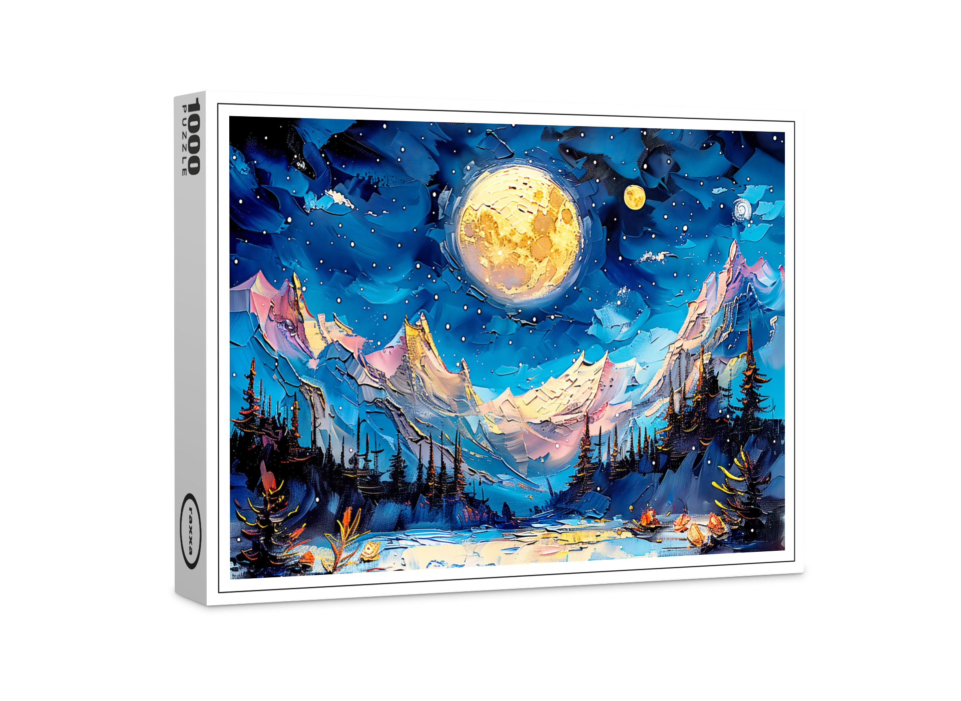 raxxa Premium-Puzzle: Abstract watercolor illustration of full moon over snowy mountains