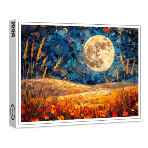 raxxa Premium-Puzzle: Abstract watercolor illustration of full moon over grassy field