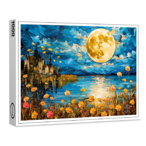 raxxa Premium-Puzzle: Abstract watercolor illustration of full moon reflection in lake