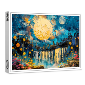 raxxa Premium-Puzzle: Abstract watercolor illustration of full moon over waterfall
