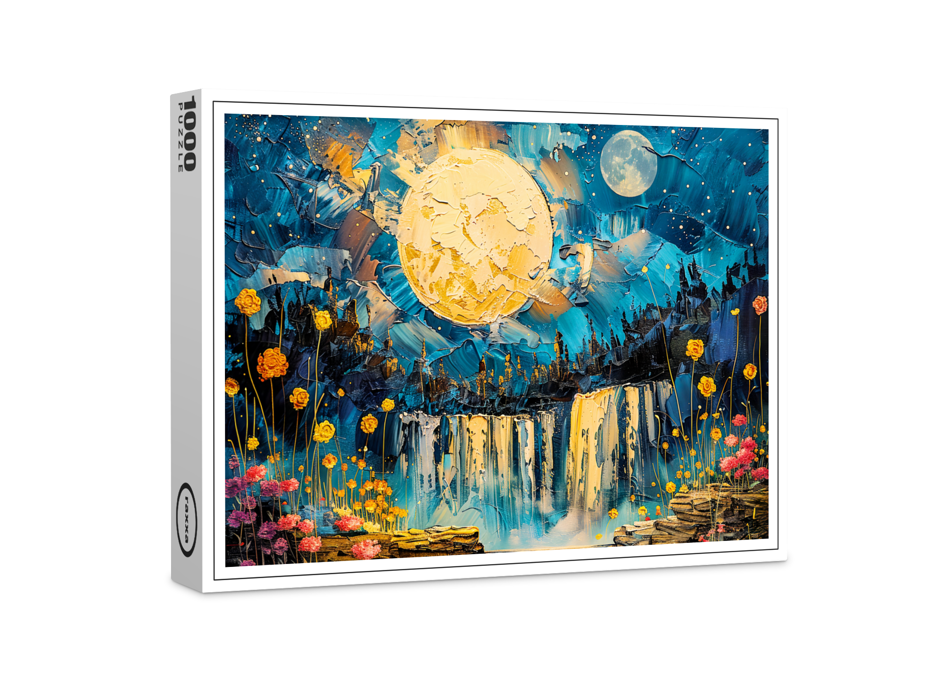 raxxa Premium-Puzzle: Abstract watercolor illustration of full moon over waterfall